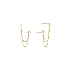 Studded Double Pierced 14K Gold Earrings, CZ Flower and Chain Drop Earrings